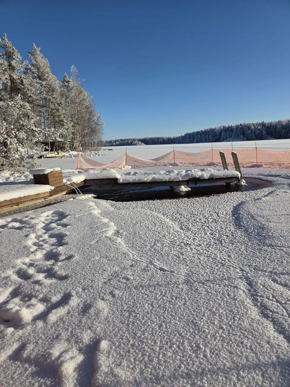 Avoin avanto ja luminen järvenranta kirkkaana talvipäivänä