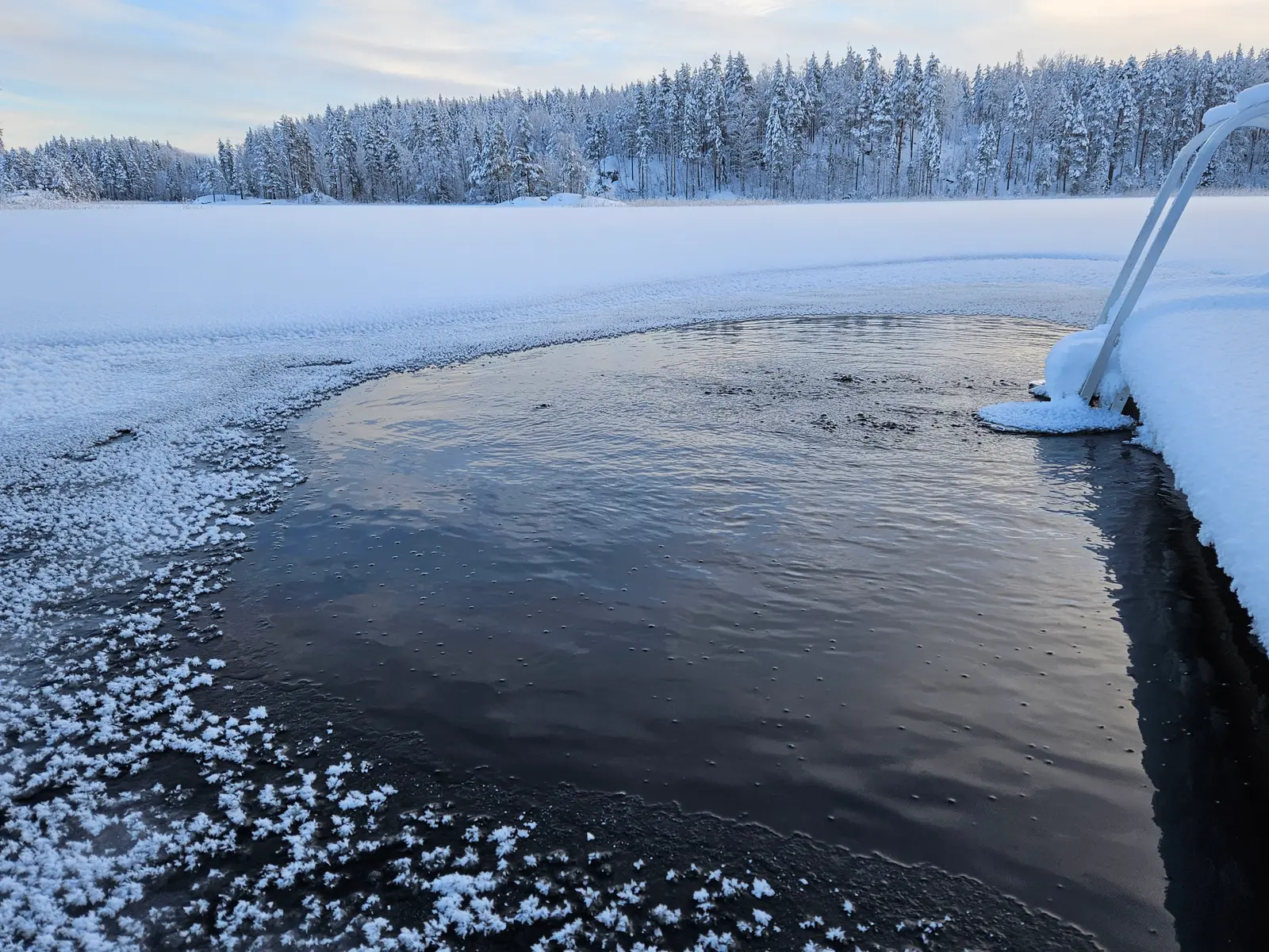 Avanto auki kovassa pakkasessa, huurteinen metsä taustalla